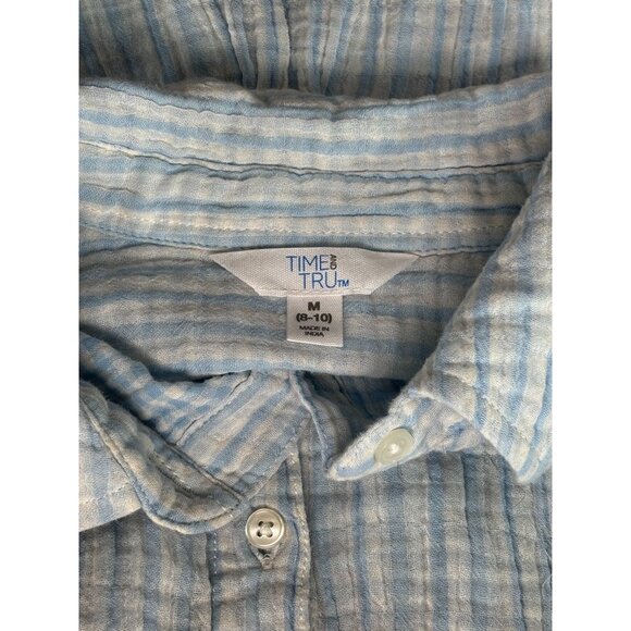 Time & Tru Womens Medium Button-Up Striped Shirt Blue & White Cotton Blend - Picture 4 of 10